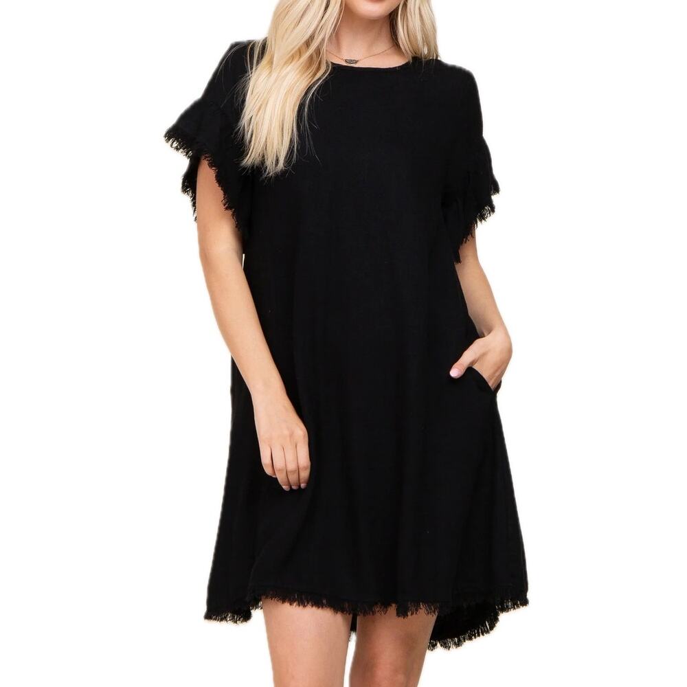 Umgee Lightweight Black Frayed Trim Back Keyhole Cutout Linen Blend Mini Dress